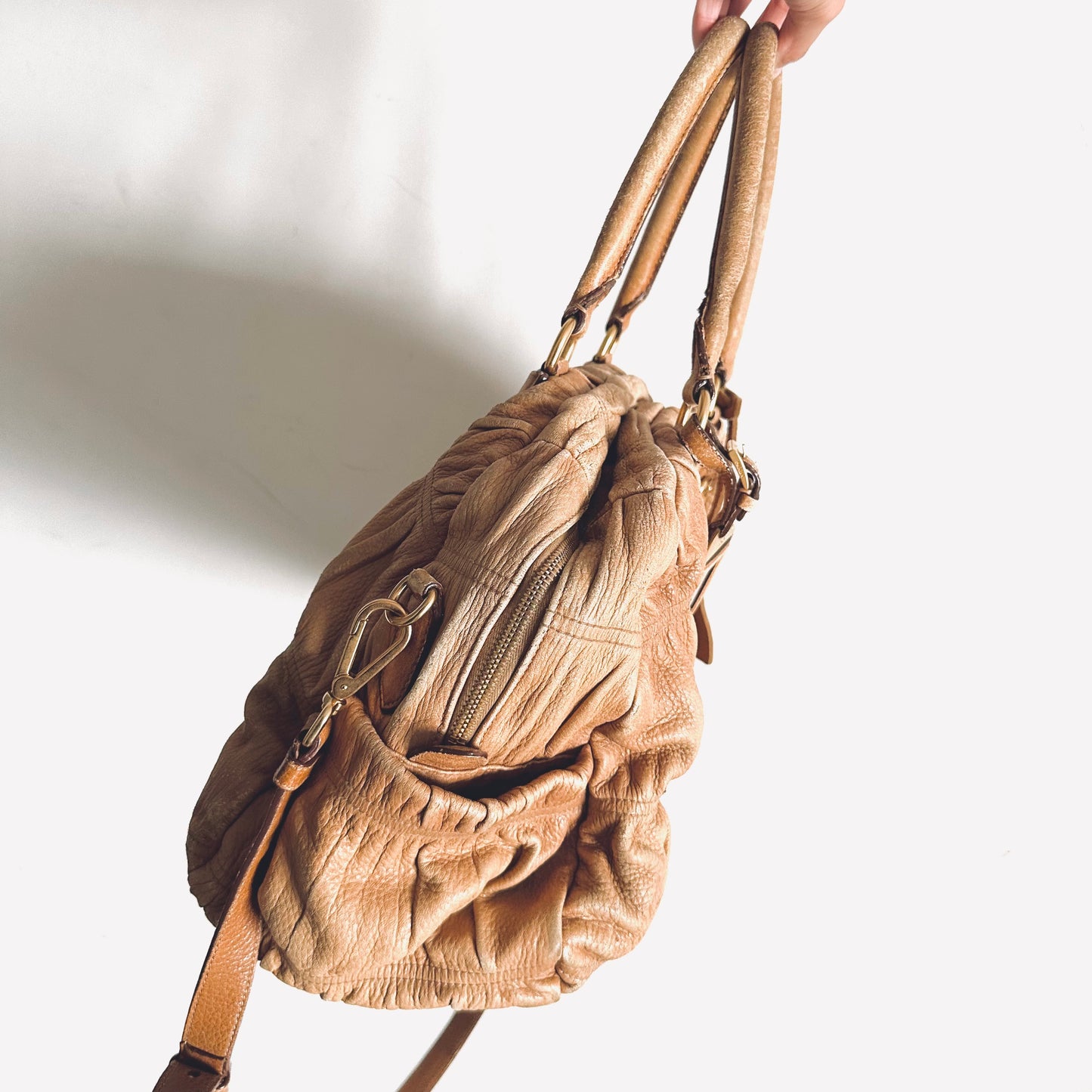 Prada Taupe Beige GHW Classic Monogram Logo 2-Way Ruched Shoulder Sling Tote Bag