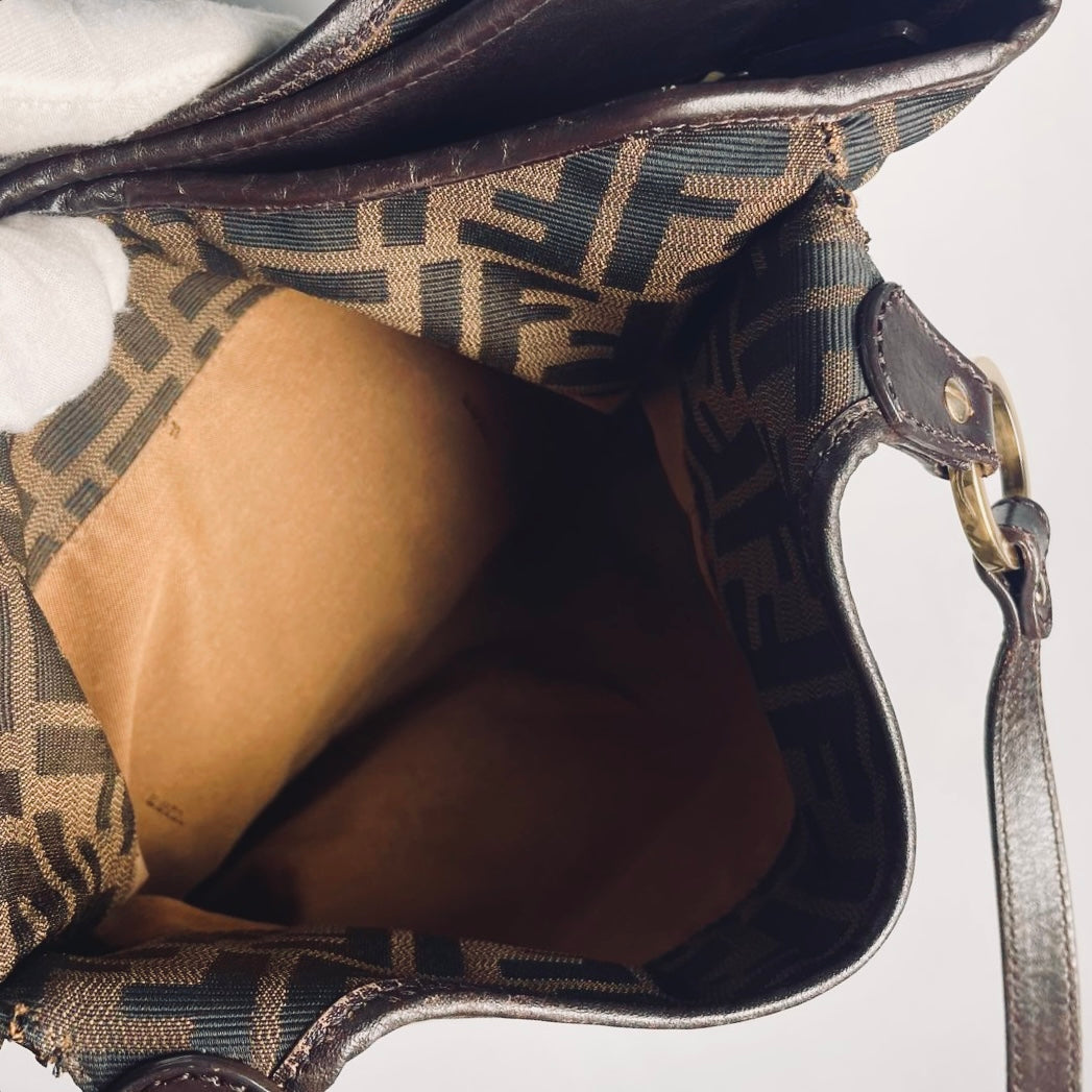 Fendi Brown GHW Zucca FF Monogram Logo Hobo Baguette Shoulder Shopper Tote Bag