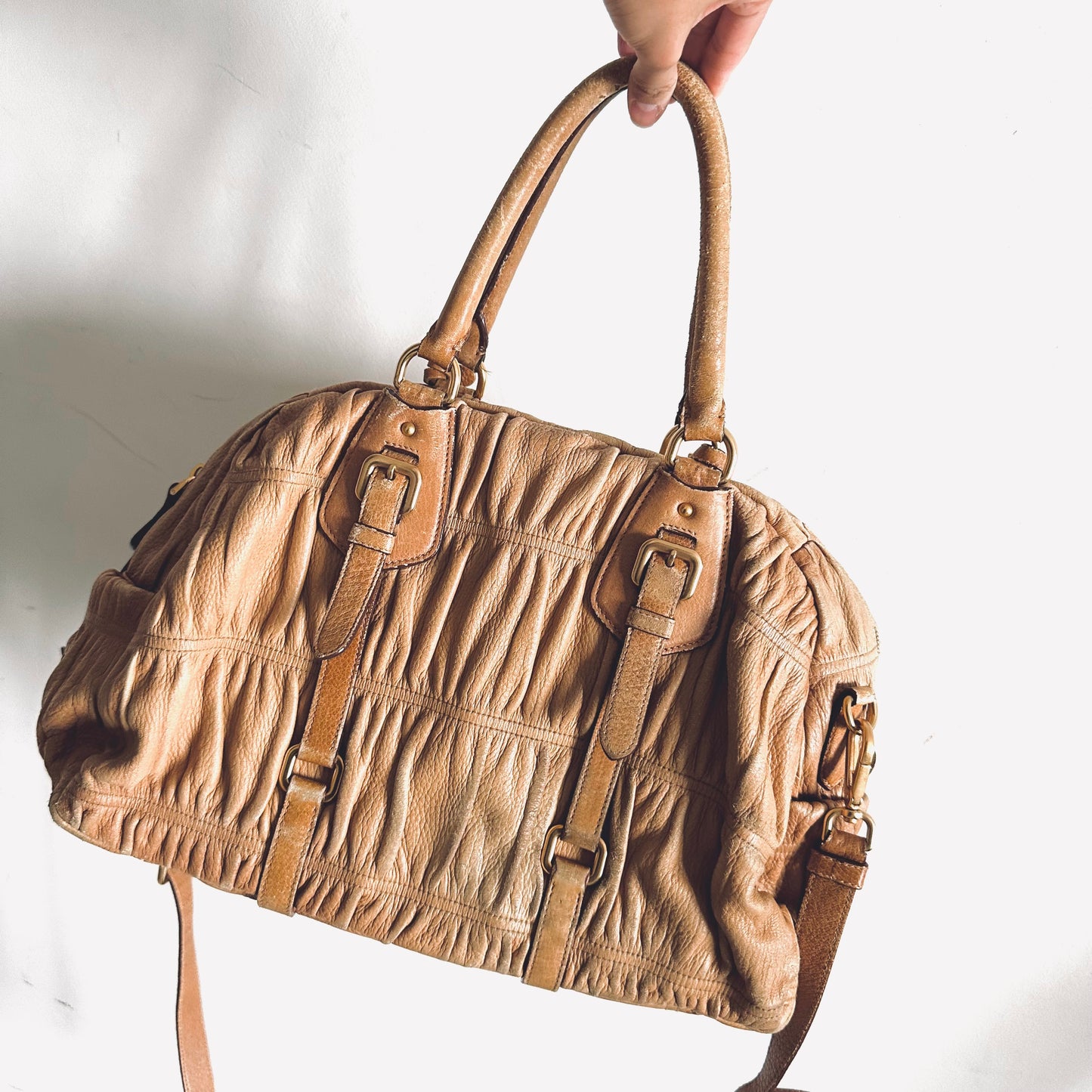 Prada Taupe Beige GHW Classic Monogram Logo 2-Way Ruched Shoulder Sling Tote Bag