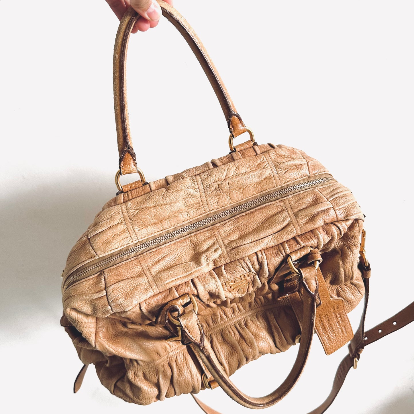 Prada Taupe Beige GHW Classic Monogram Logo 2-Way Ruched Shoulder Sling Tote Bag