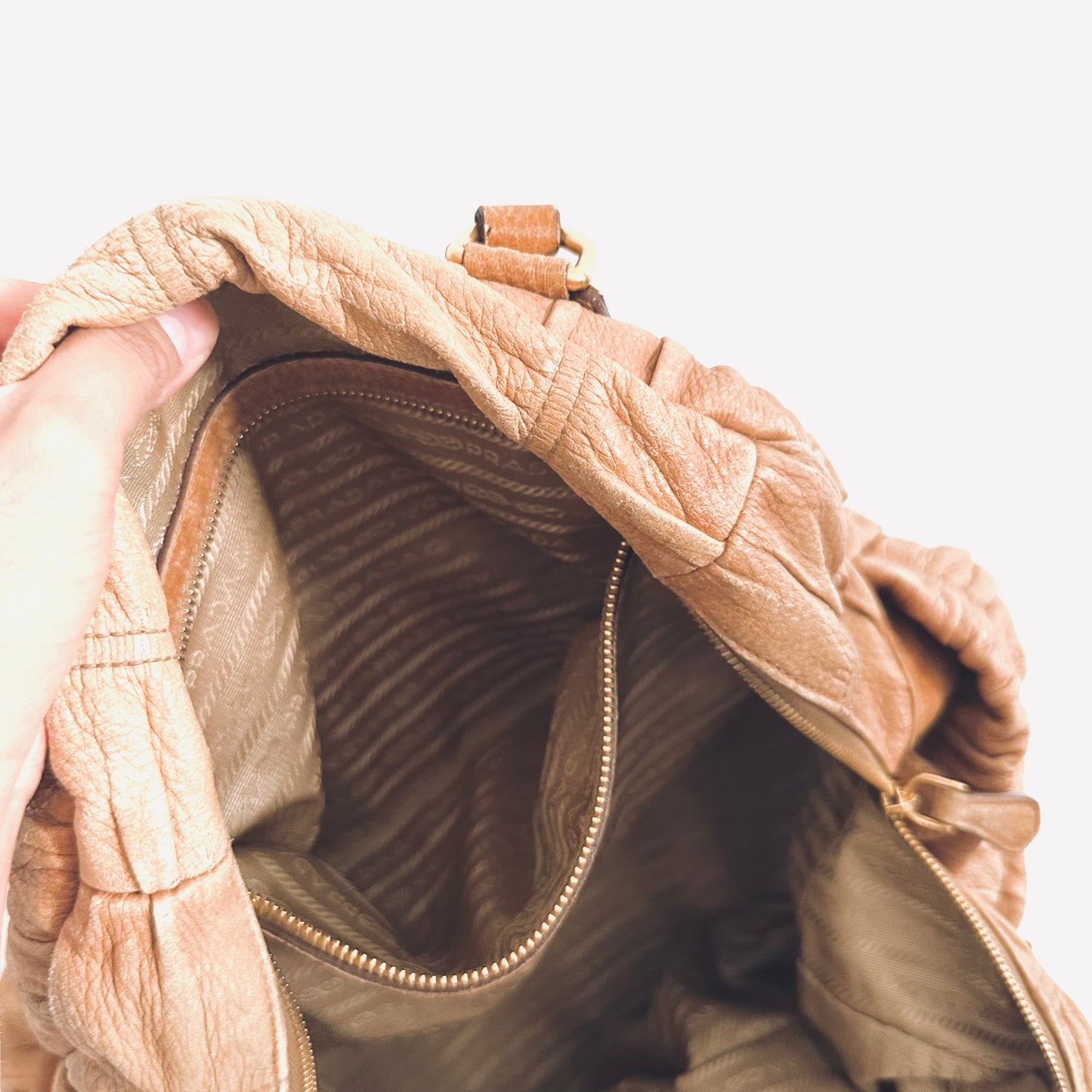 Prada Taupe Beige GHW Classic Monogram Logo 2-Way Ruched Shoulder Sling Tote Bag