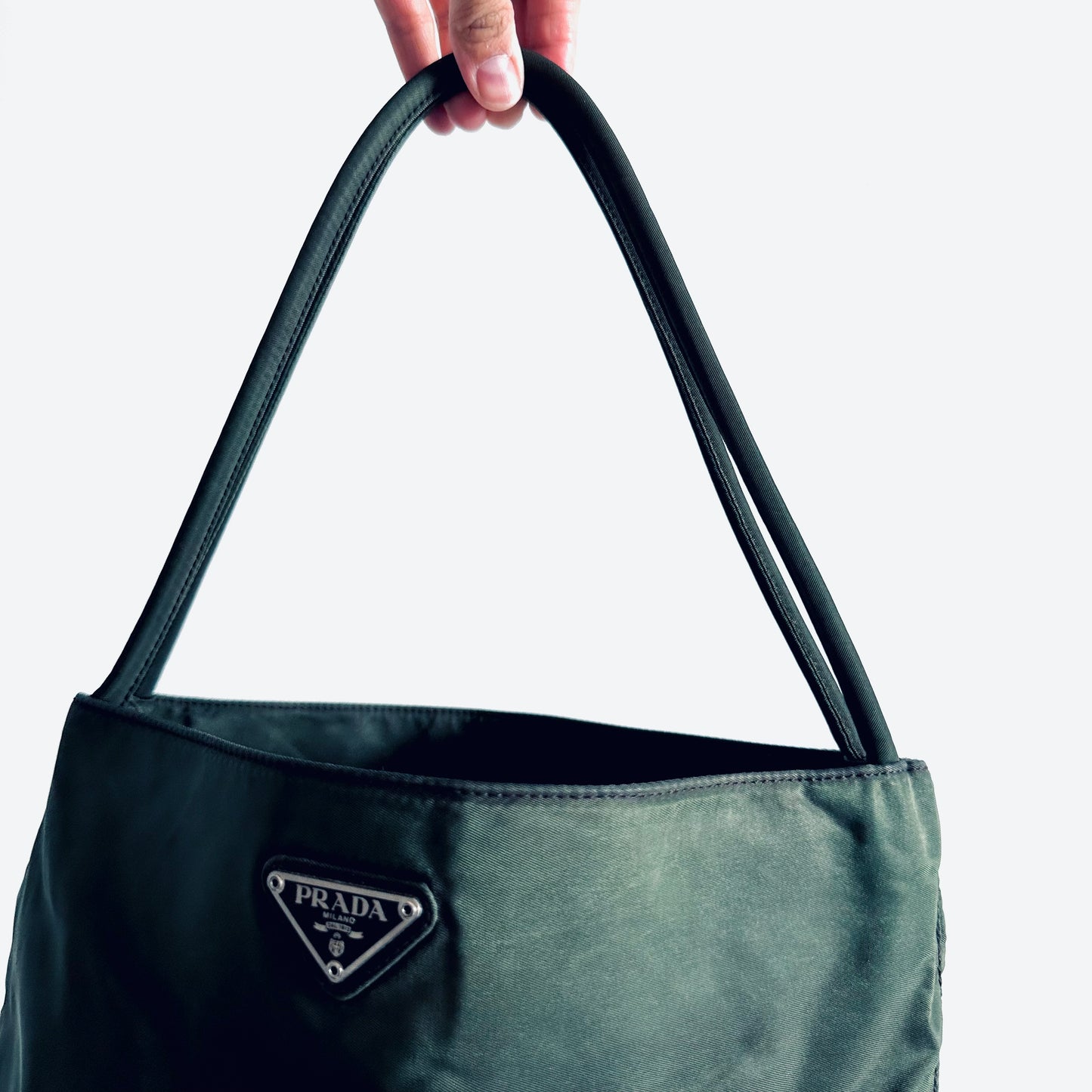 Prada Dark Khaki Green Tessuto Classic Logo Nylon Shopper Shoulder Tote Bag