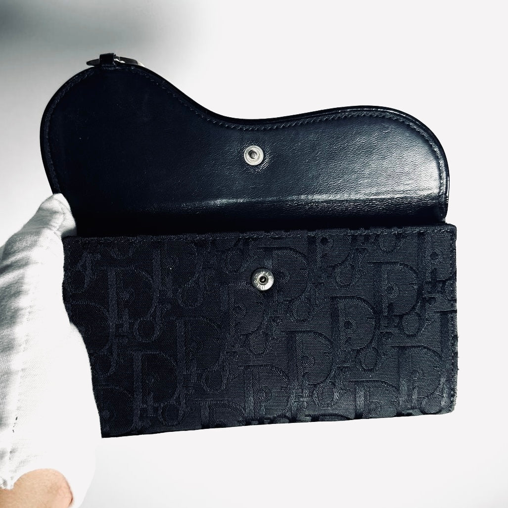 Christian Dior CD Saddle Black Oblique Monogram Logo Flap Long Bifold Wallet