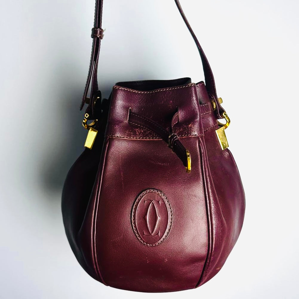 Cartier Mast / Must de Cartier Bucket Burgundy Maroon Red GHW Smooth Leather Shoulder Drawstring Bag
