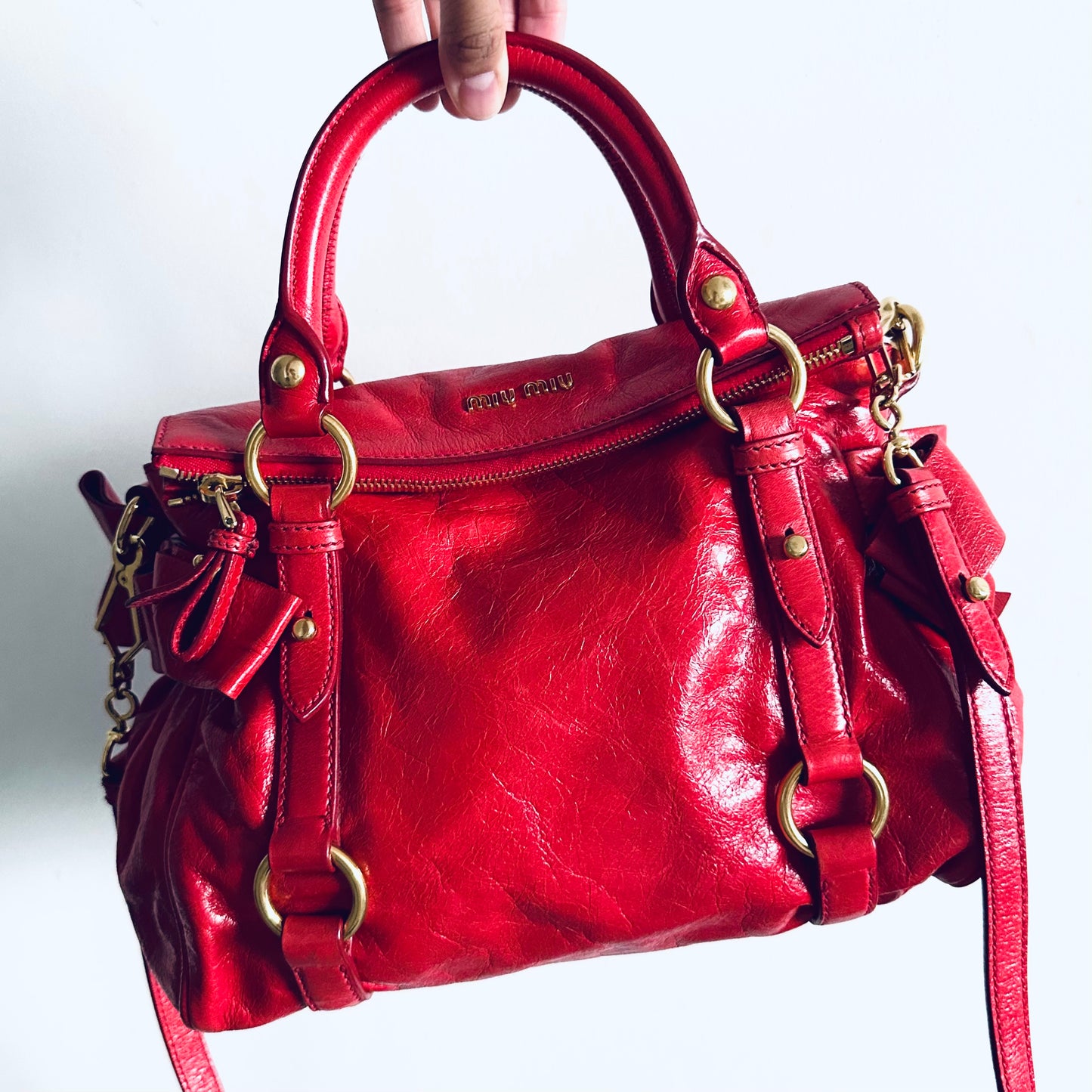 Miu Miu Cherry Red GHW Vitello Shine Bauletto Satchel Classic Logo 2-Way Shopper Shoulder Sling Tote Bag
