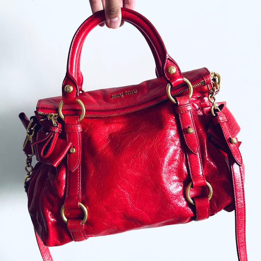 Miu Miu Cherry Red GHW Vitello Shine Bauletto Satchel Classic Logo 2-Way Shopper Shoulder Sling Tote Bag