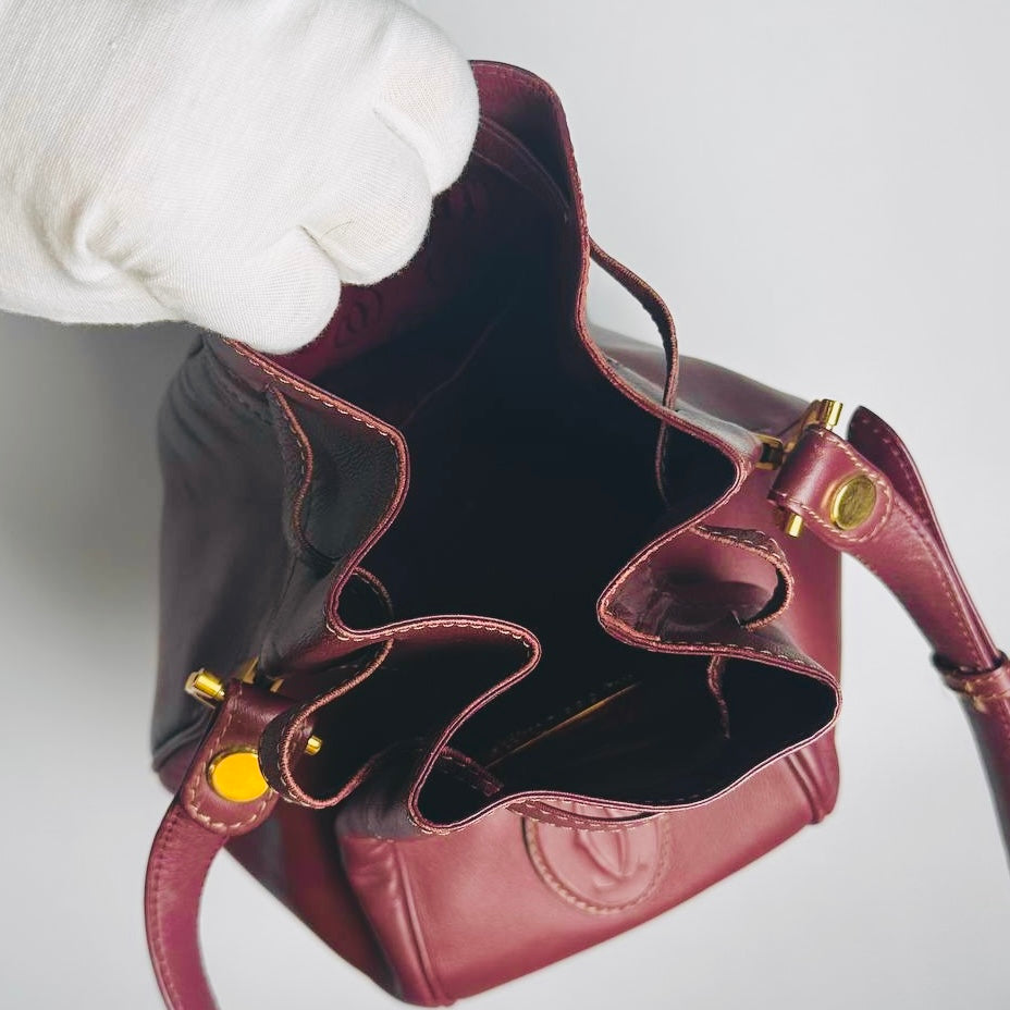 Cartier Mast / Must de Cartier Bucket Burgundy Maroon Red GHW Smooth Leather Shoulder Drawstring Bag
