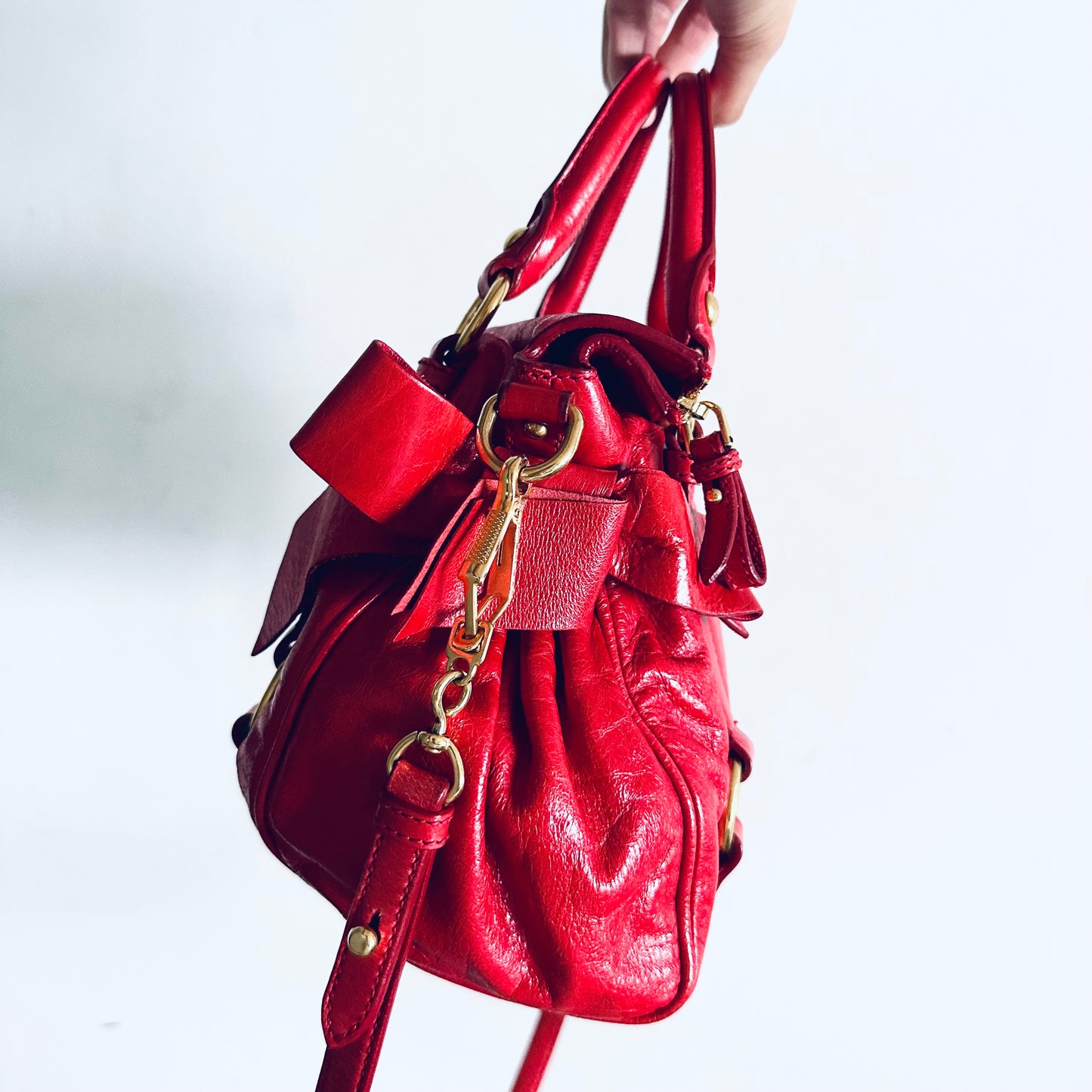 Miu Miu Cherry Red GHW Vitello Shine Bauletto Satchel Classic Logo 2-Way Shopper Shoulder Sling Tote Bag