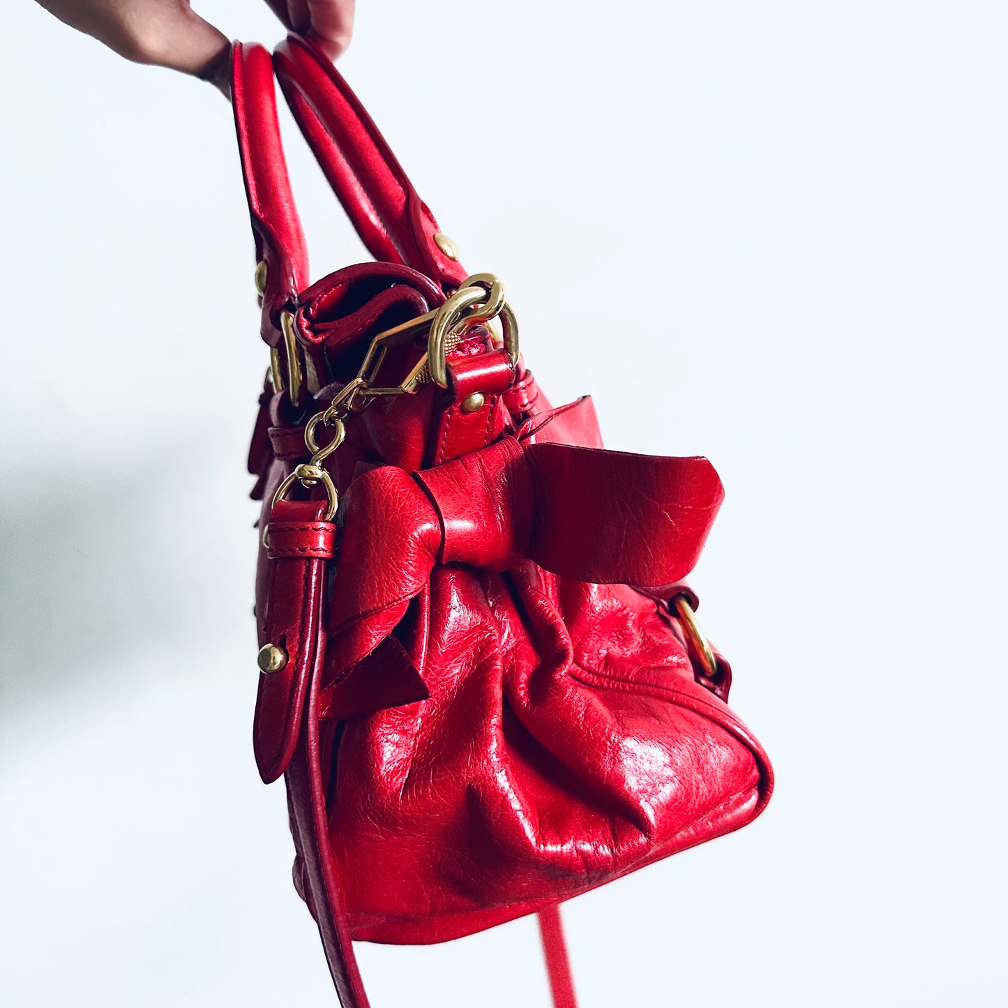 Miu Miu Cherry Red GHW Vitello Shine Bauletto Satchel Classic Logo 2-Way Shopper Shoulder Sling Tote Bag