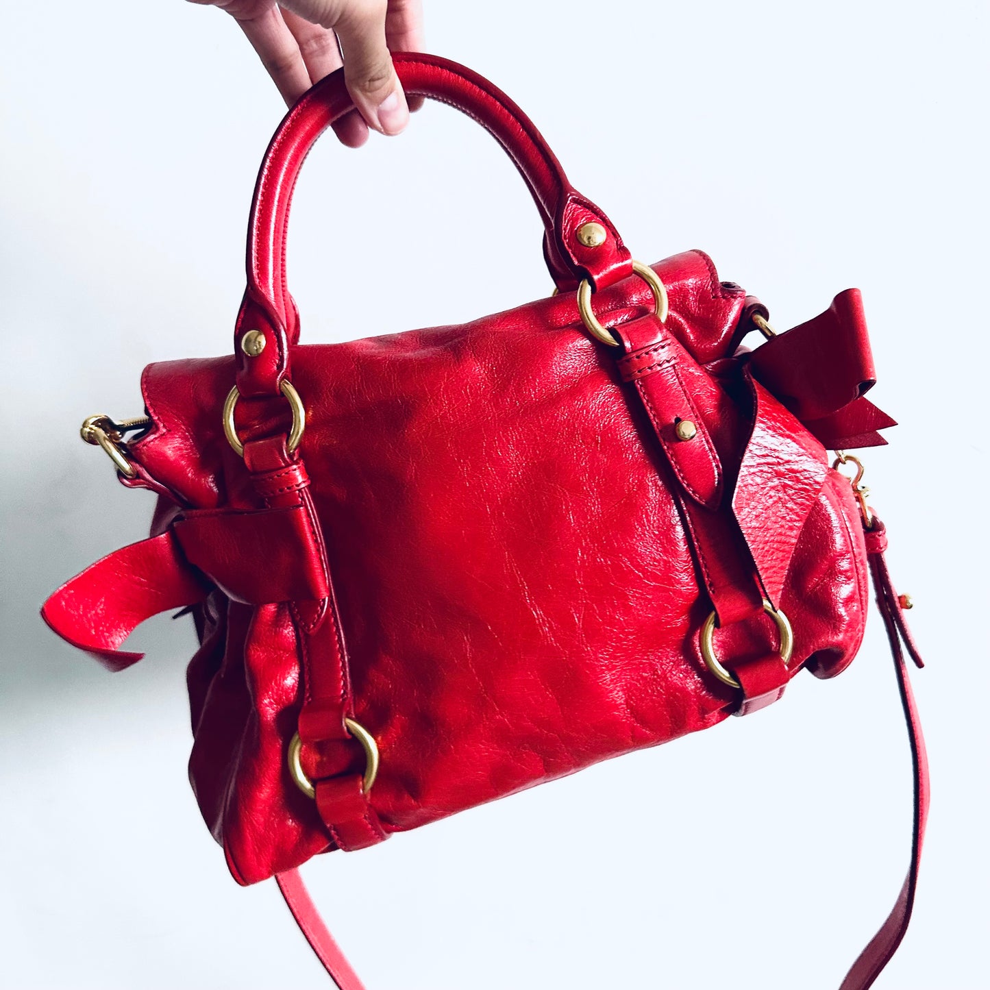 Miu Miu Cherry Red GHW Vitello Shine Bauletto Satchel Classic Logo 2-Way Shopper Shoulder Sling Tote Bag