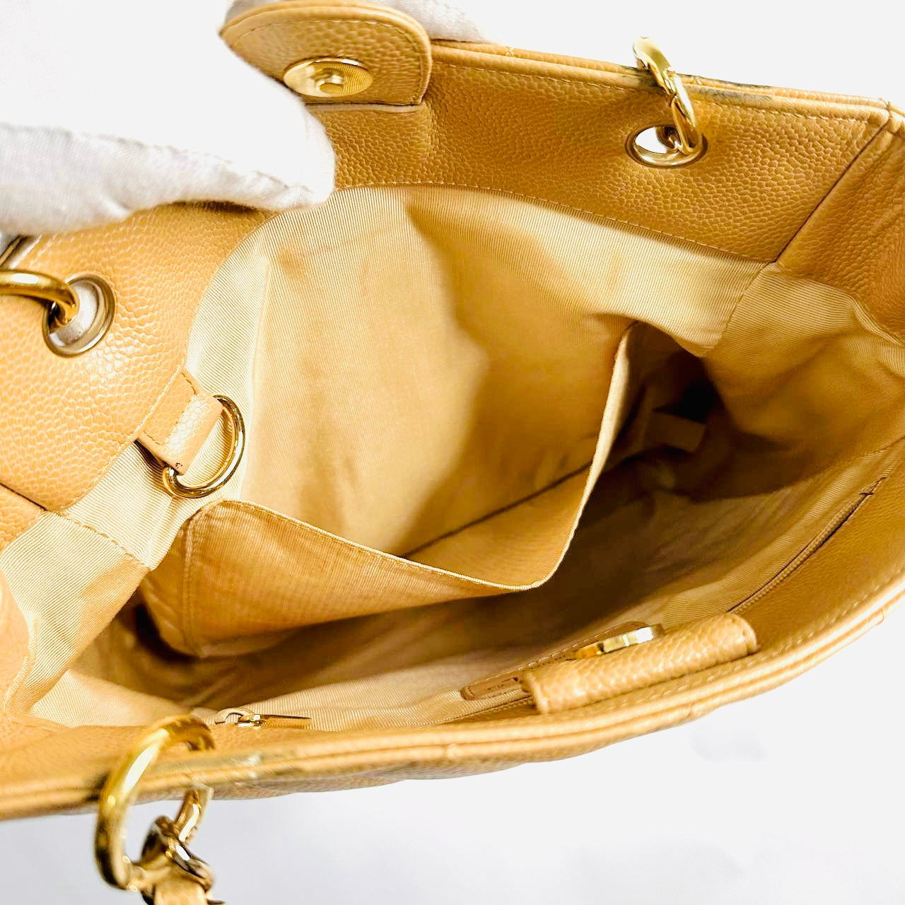 Chanel PST Beige GHW CC Giant Monogram Logo Quilted Caviar Vintage Petite Shopper Shoulder Tote Bag 8s
