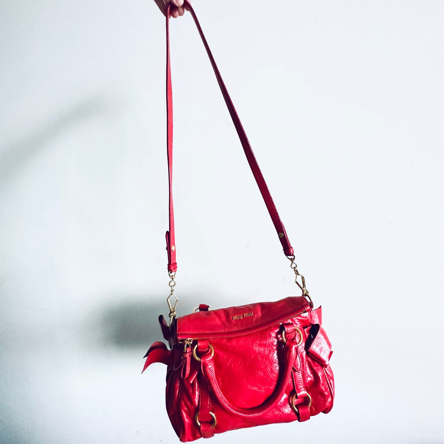 Miu Miu Cherry Red GHW Vitello Shine Bauletto Satchel Classic Logo 2-Way Shopper Shoulder Sling Tote Bag