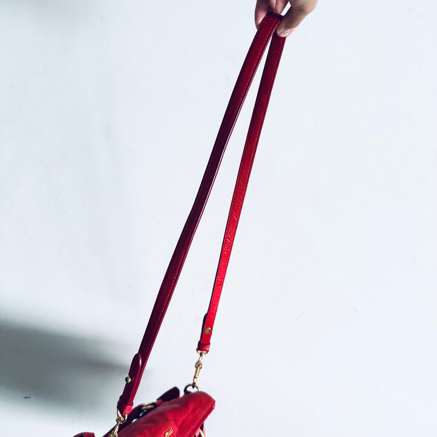 Miu Miu Cherry Red GHW Vitello Shine Bauletto Satchel Classic Logo 2-Way Shopper Shoulder Sling Tote Bag