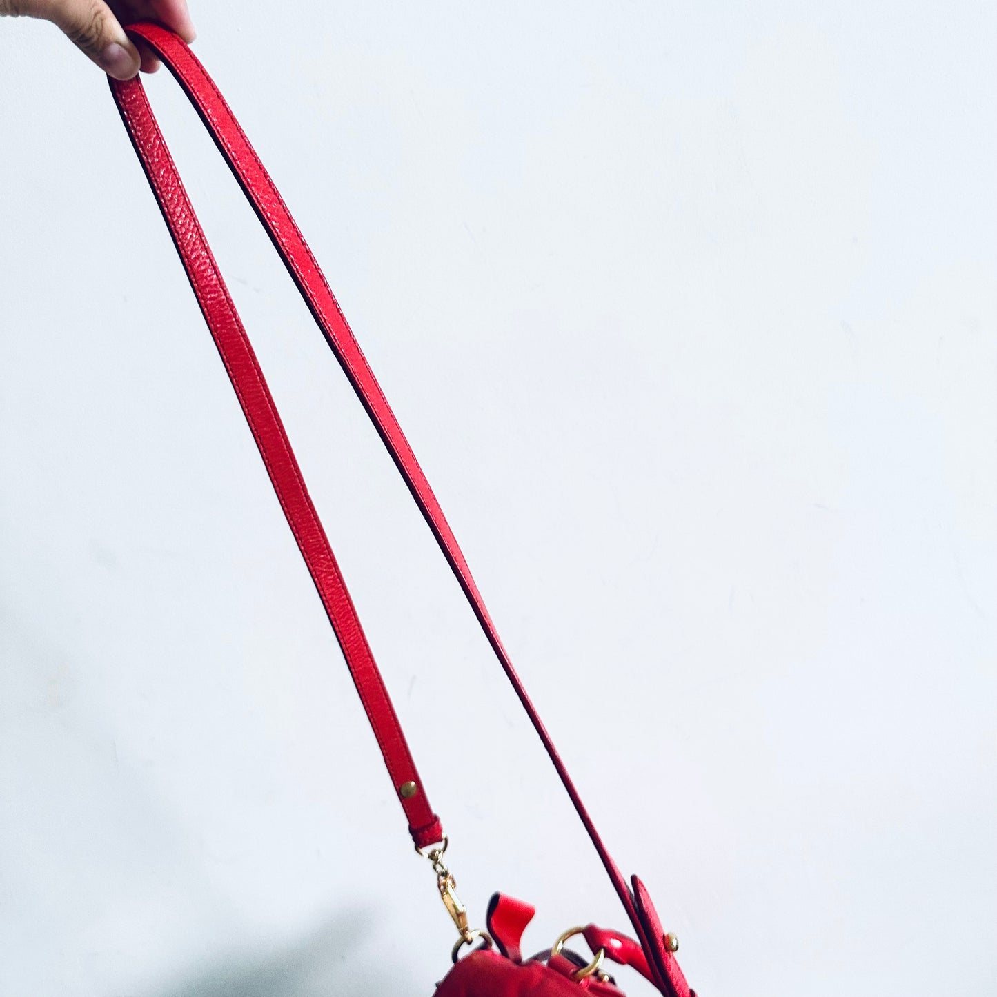 Miu Miu Cherry Red GHW Vitello Shine Bauletto Satchel Classic Logo 2-Way Shopper Shoulder Sling Tote Bag