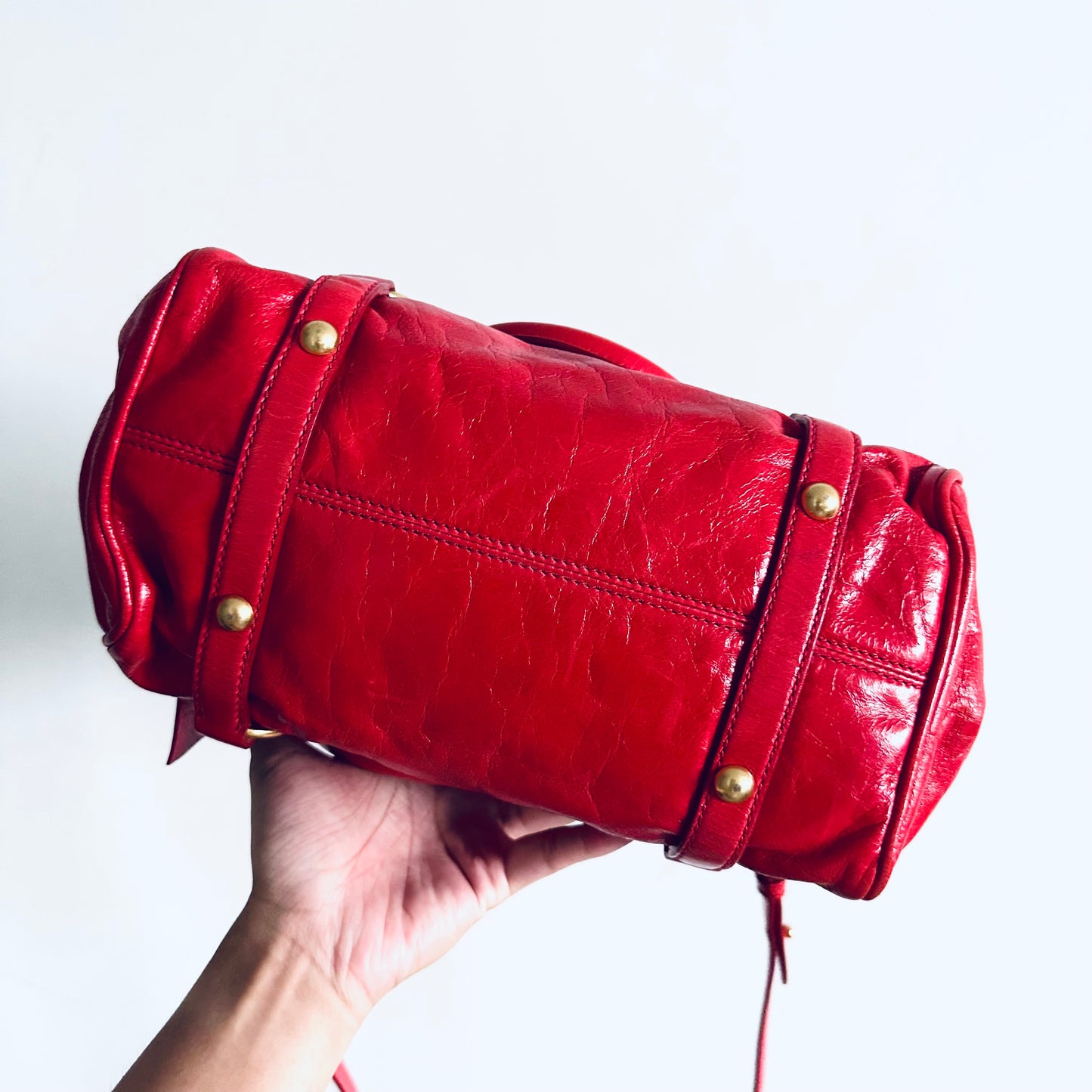 Miu Miu Cherry Red GHW Vitello Shine Bauletto Satchel Classic Logo 2-Way Shopper Shoulder Sling Tote Bag