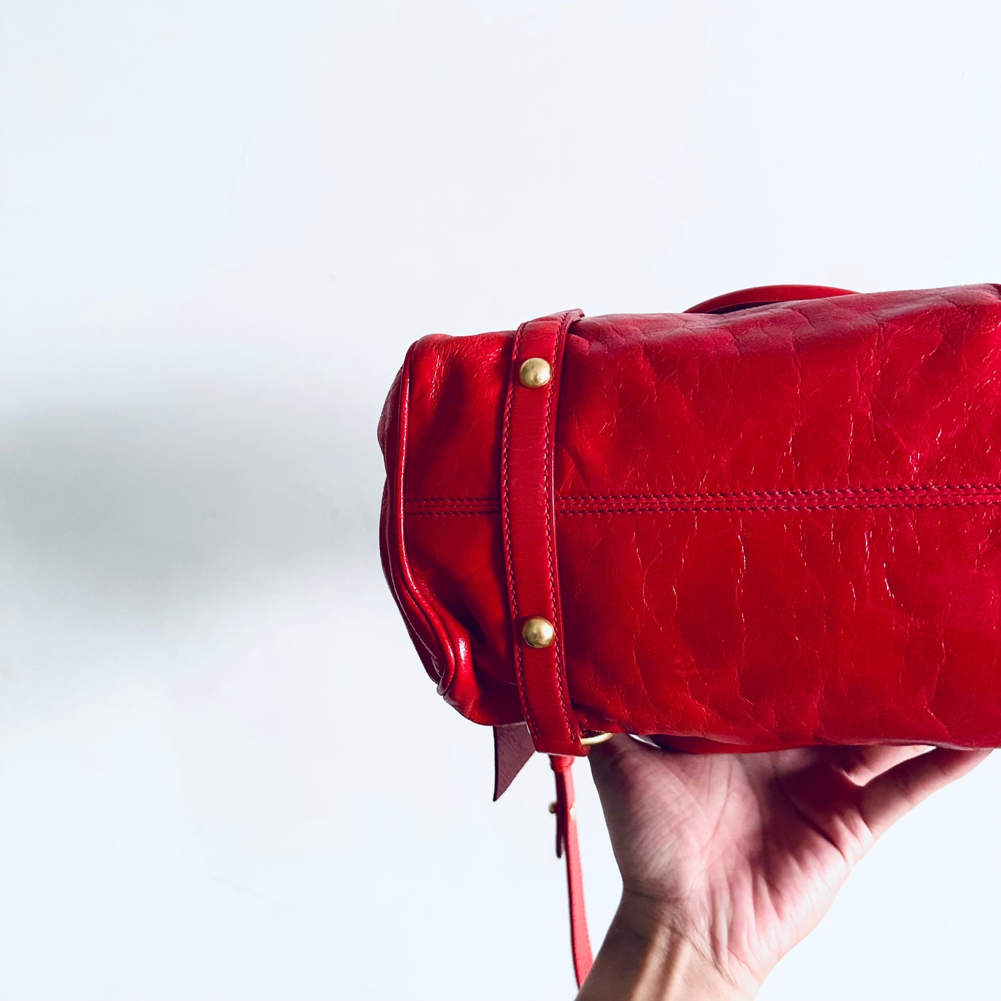 Miu Miu Cherry Red GHW Vitello Shine Bauletto Satchel Classic Logo 2-Way Shopper Shoulder Sling Tote Bag