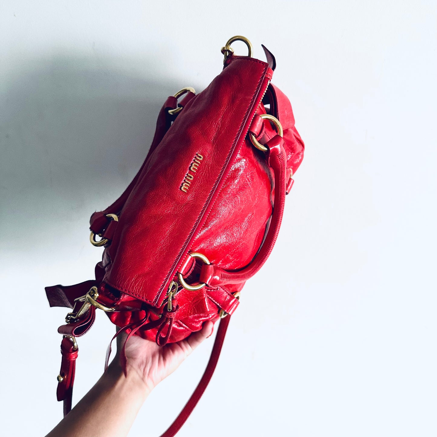Miu Miu Cherry Red GHW Vitello Shine Bauletto Satchel Classic Logo 2-Way Shopper Shoulder Sling Tote Bag