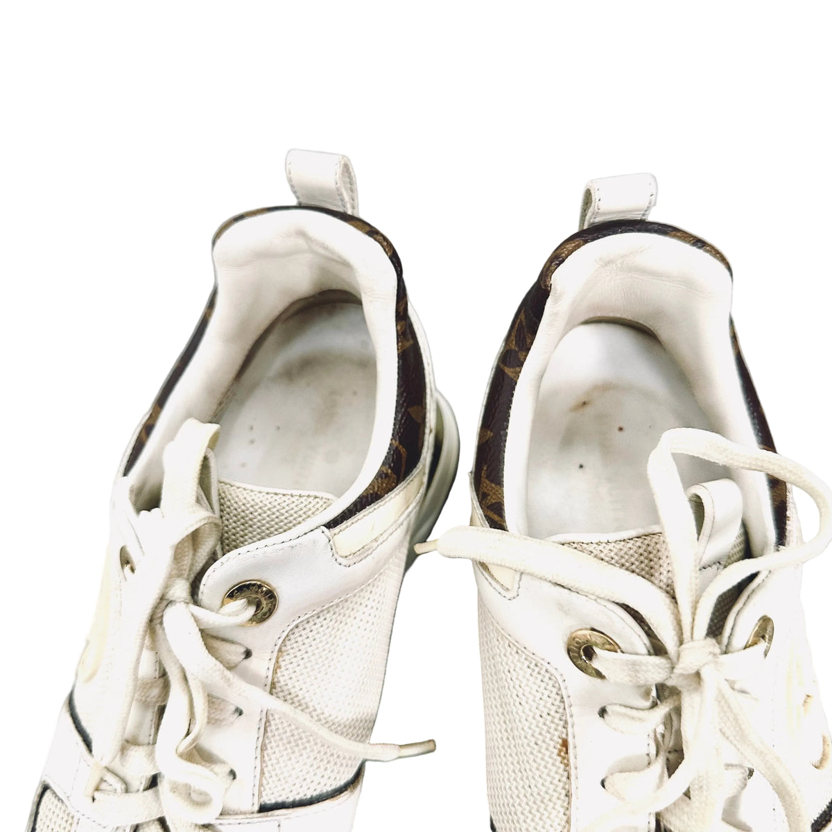 Louis Vuitton LV Run Away Runaway Giant Monogram Logo GHW / White Calfskin Leather & Mesh Lace Up Sneakers Shoes