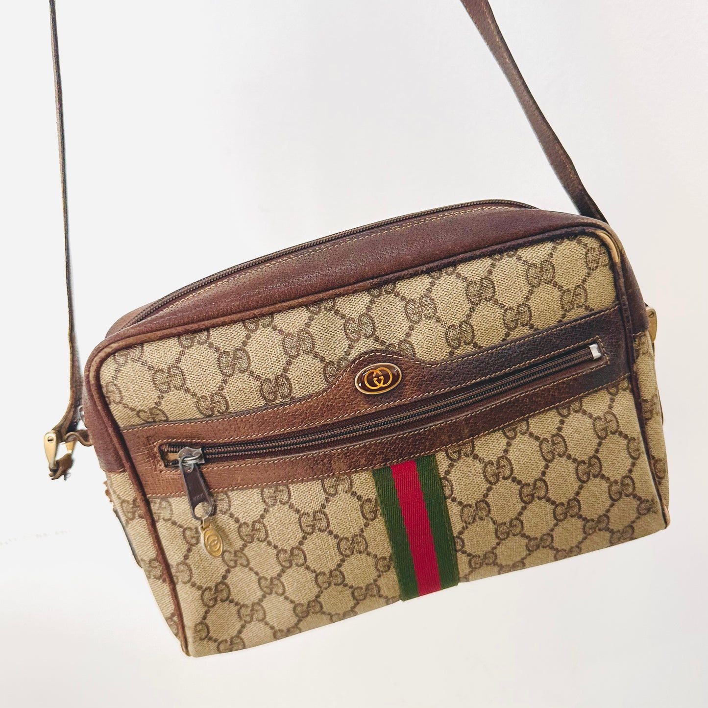 Gucci Ophidia Supreme Beige GHW GG Monogram Logo Web Striped Camera Shoulder Sling Bag