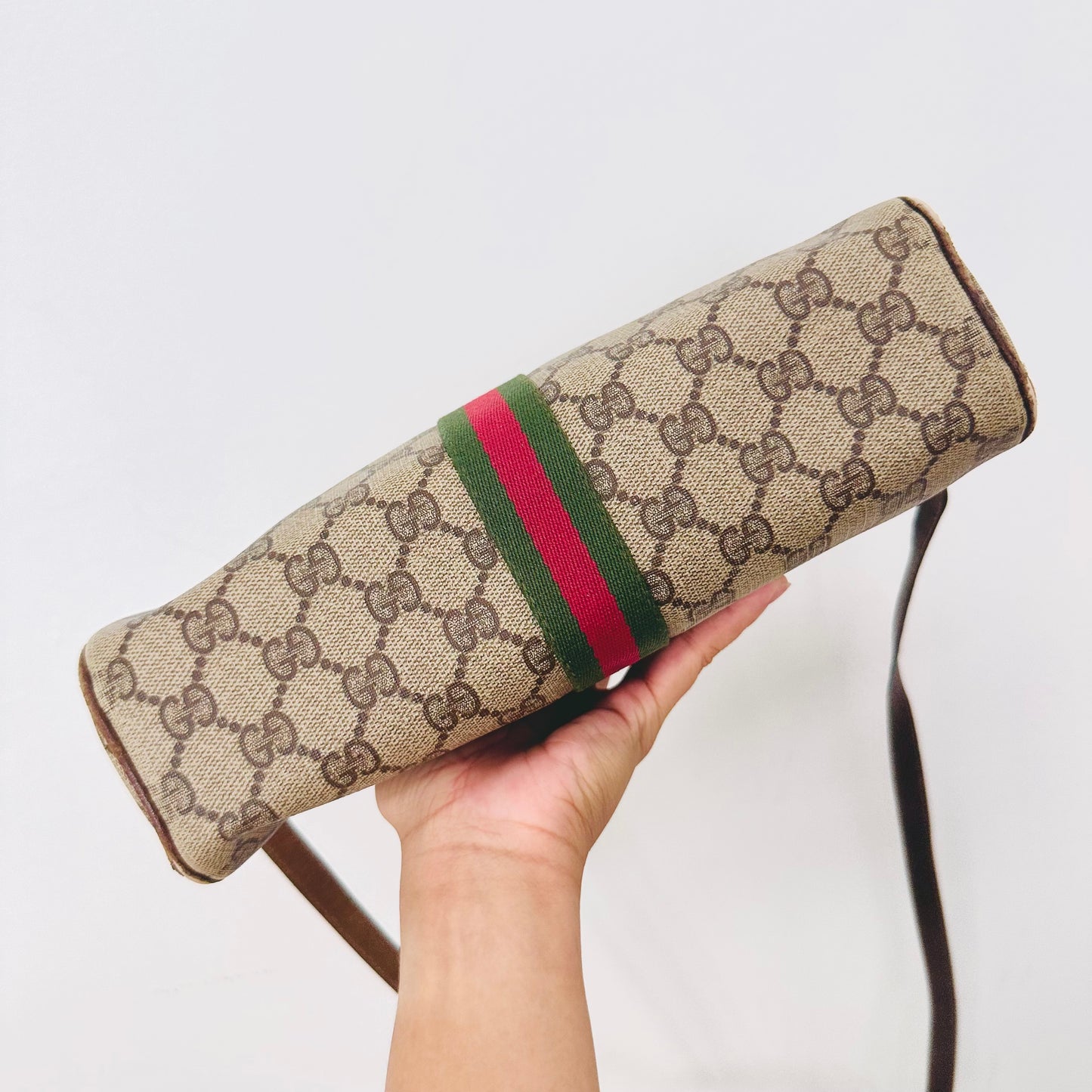 Gucci Ophidia Supreme Beige GHW GG Monogram Logo Web Striped Camera Shoulder Sling Bag