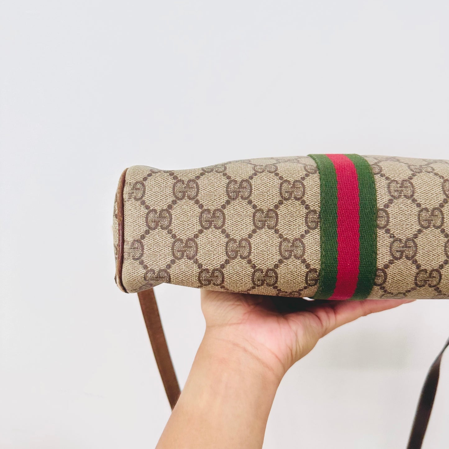 Gucci Ophidia Supreme Beige GHW GG Monogram Logo Web Striped Camera Shoulder Sling Bag