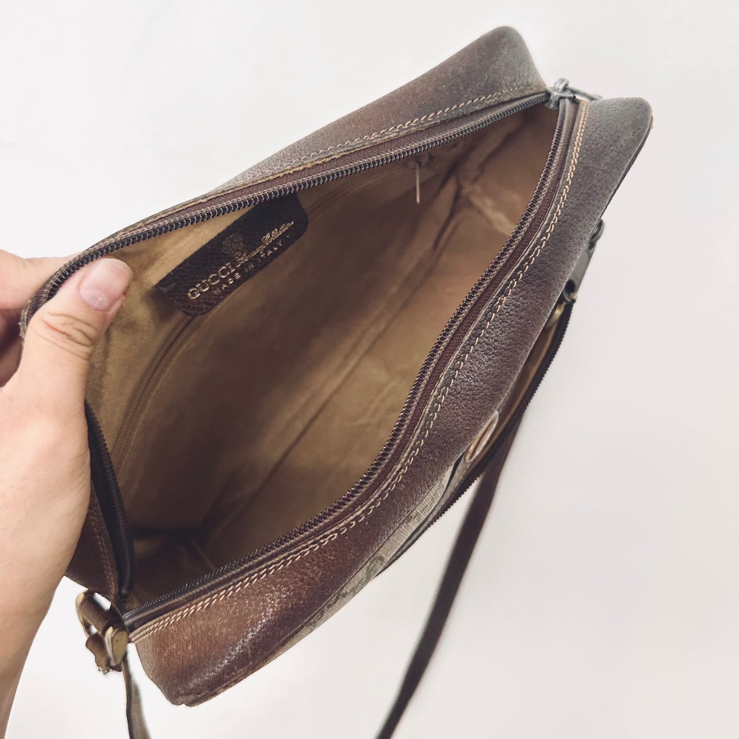 Gucci Ophidia Supreme Beige GHW GG Monogram Logo Web Striped Camera Shoulder Sling Bag