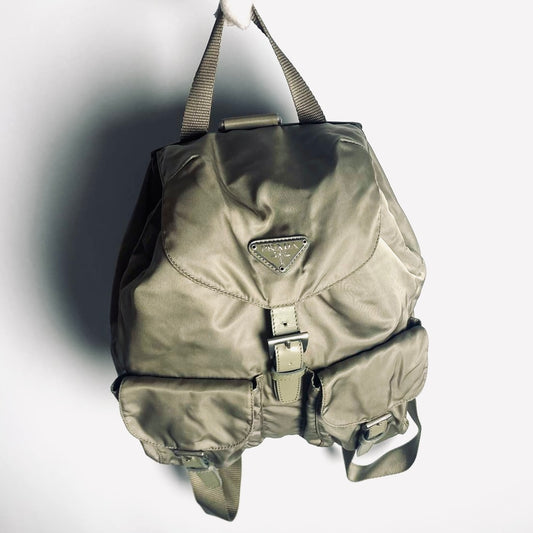 Prada Beige Classic Logo Nylon & Leather Backpack Drawstring Bag