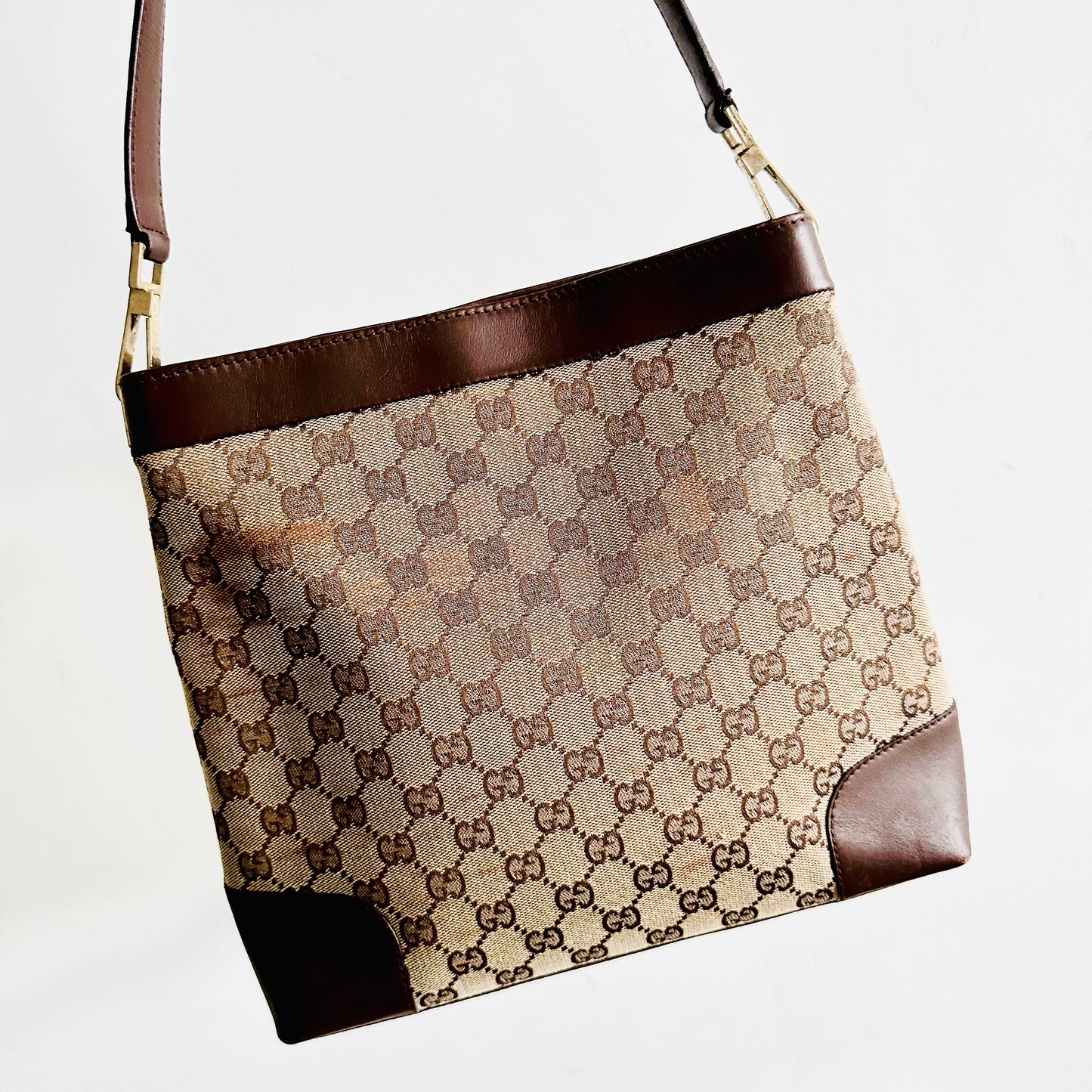Gucci Beige / Brown GHW GG Monogram Logo Hobo Baguette Bucket Shoulder Sling Bag