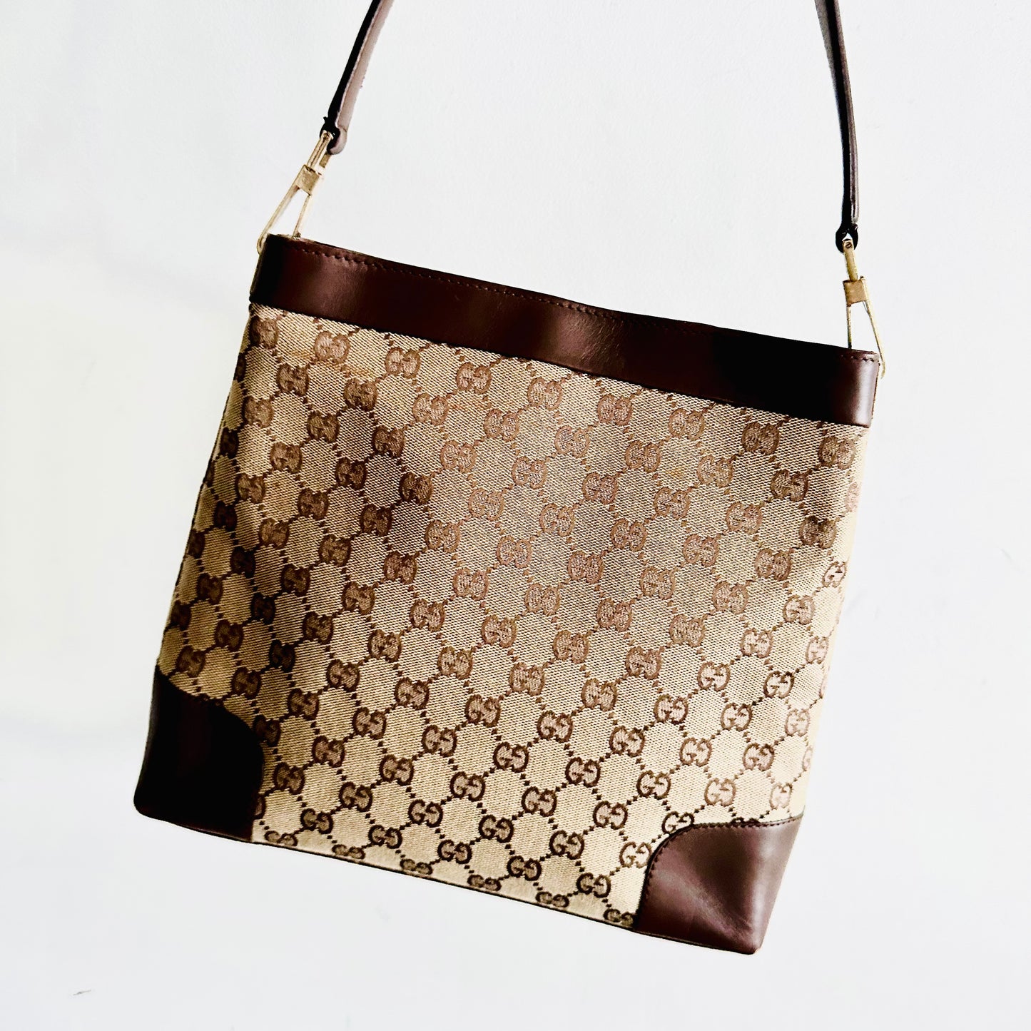 Gucci Beige / Brown GHW GG Monogram Logo Hobo Baguette Bucket Shoulder Sling Bag