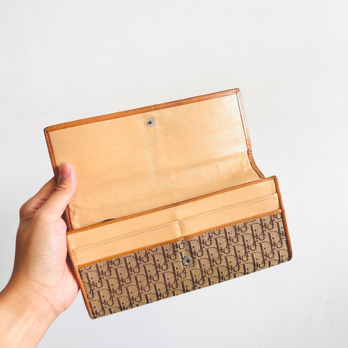 Christian Dior CD Caramel Brown Oblique Monogram Logo Flap Long Wallet