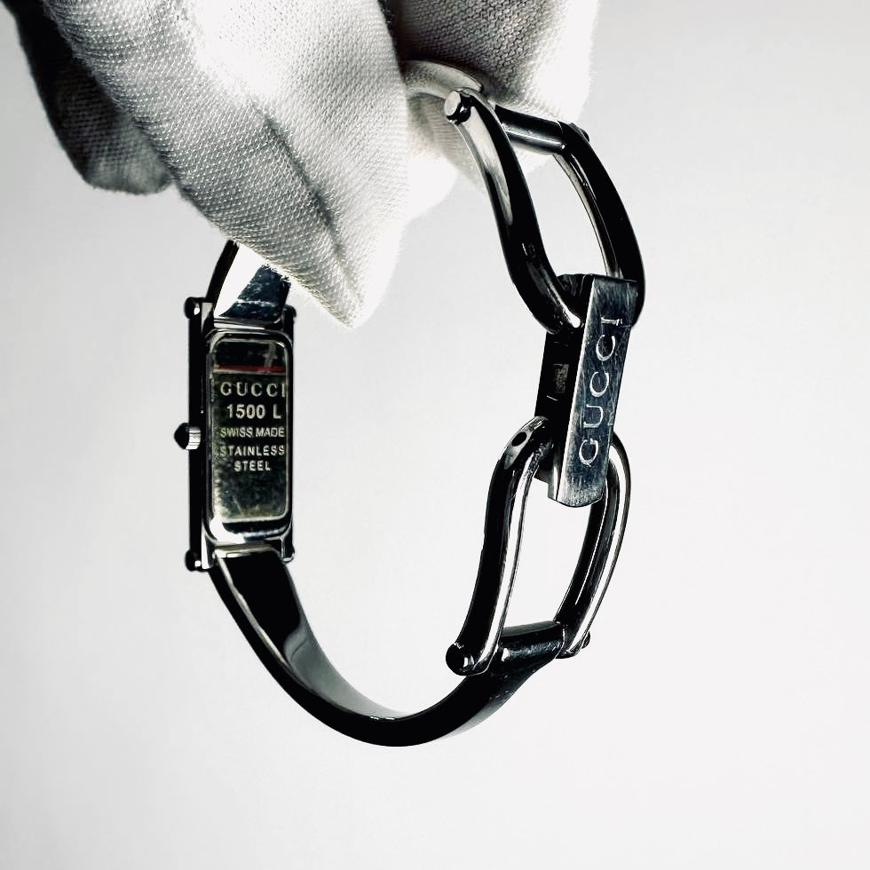 Gucci Black Rectangular Dial Stainless Steel Bangle Bracelet 14MM 1500L Watch