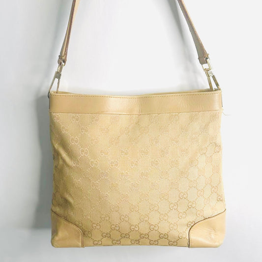 Gucci Beige GHW GG Monogram Logo Hobo Baguette Bucket Shoulder Sling Bag