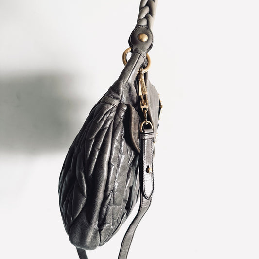 Miu Miu Dark Grey / Gray GHW Matelasse Lux Classic Logo Hobo Baguette Shopper Shoulder Sling Bag