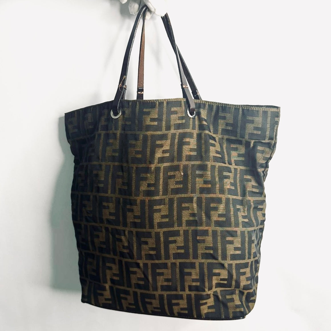 Fendi Brown Zucca Zucchino FF Monogram Logo Bucket Shopper Tall Vertical Tote Bag