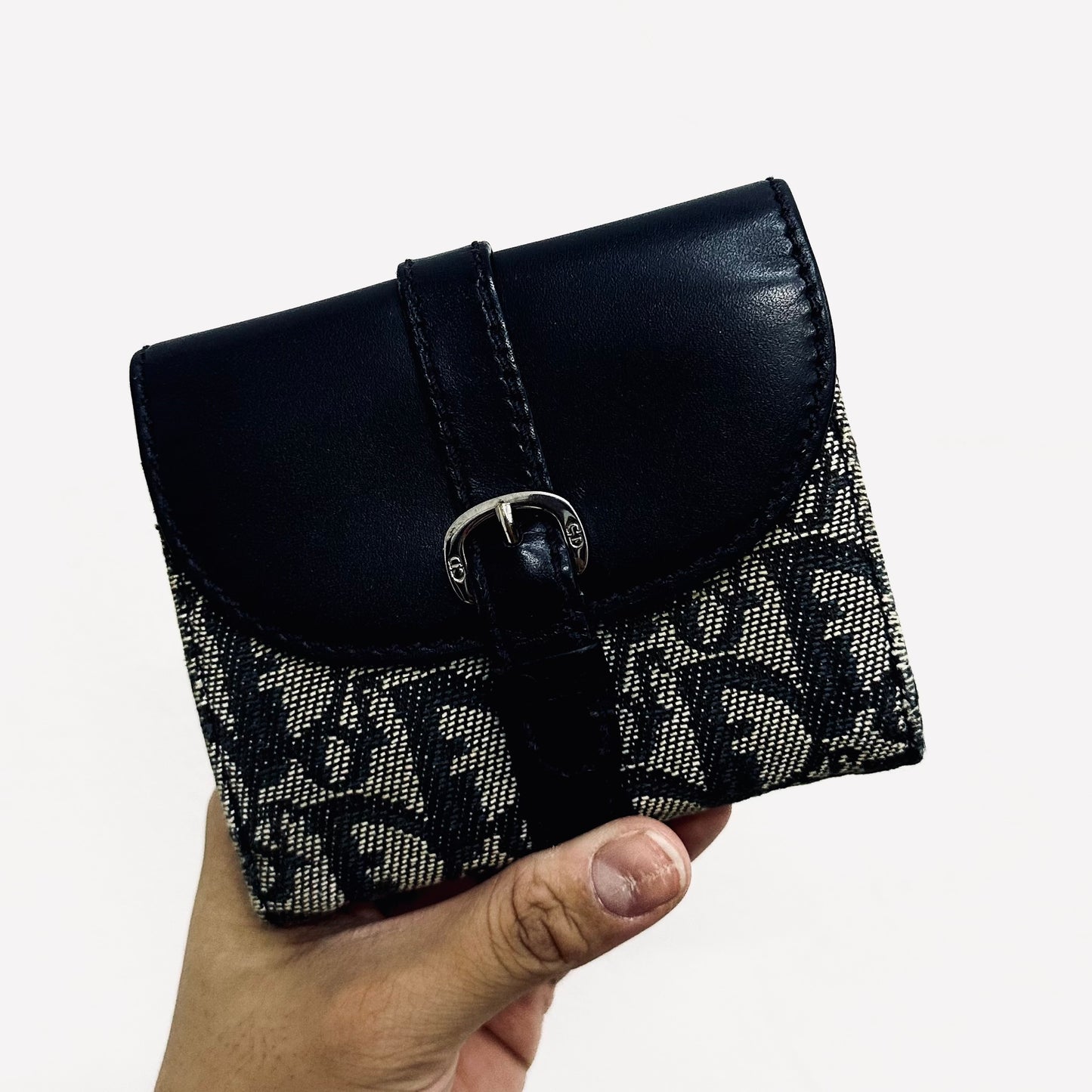 Christian Dior CD Navy Blue Oblique Monogram Logo / Leather Flap Compact Bifold Wallet