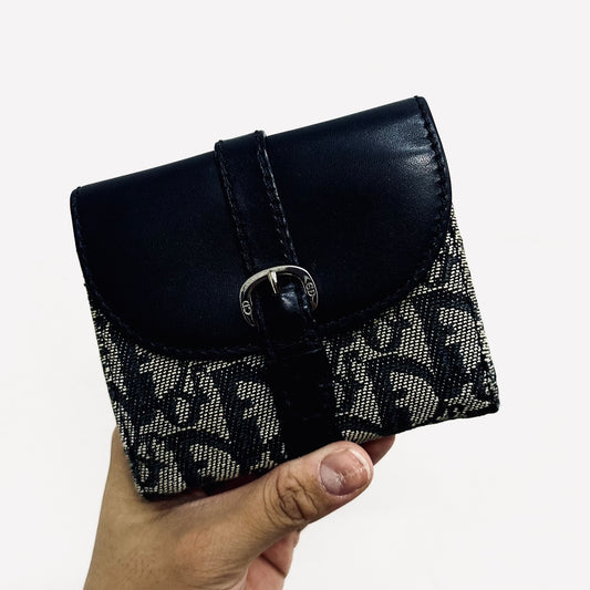 Christian Dior CD Navy Blue Oblique Monogram Logo / Leather Flap Compact Bifold Wallet