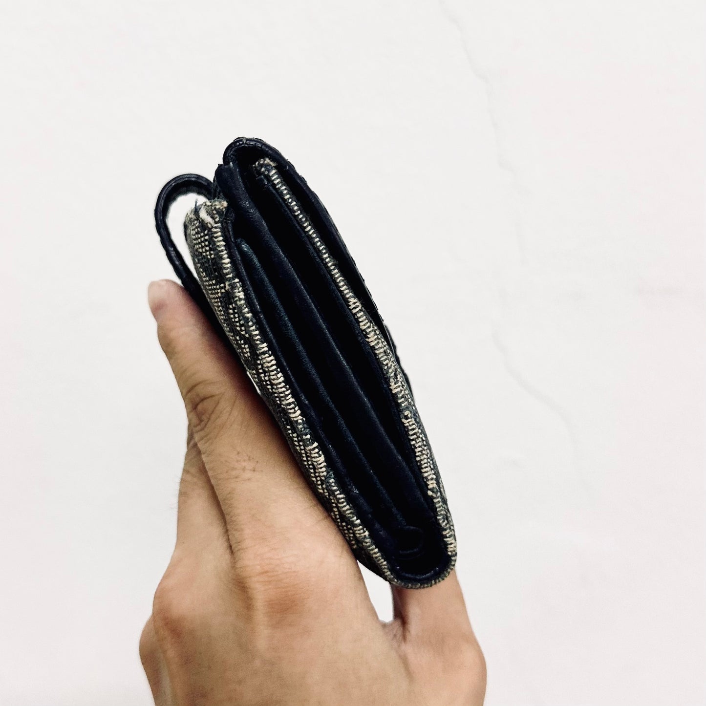Christian Dior CD Navy Blue Oblique Monogram Logo / Leather Flap Compact Bifold Wallet