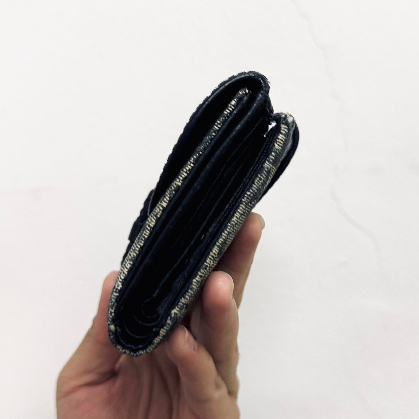 Christian Dior CD Navy Blue Oblique Monogram Logo / Leather Flap Compact Bifold Wallet