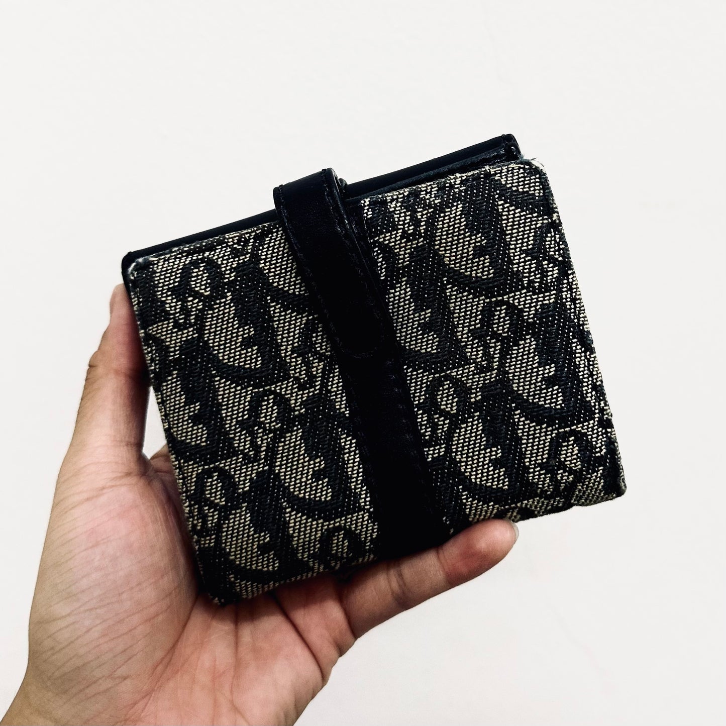 Christian Dior CD Navy Blue Oblique Monogram Logo / Leather Flap Compact Bifold Wallet