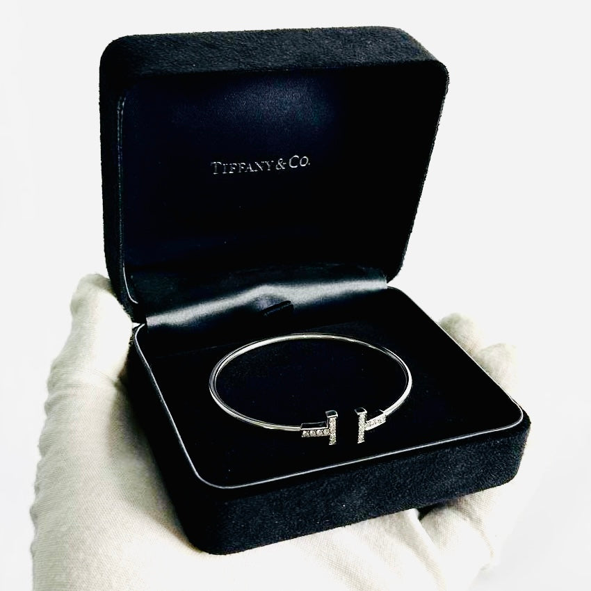 Tiffany & Co T&C T Wire Au750 18K White Gold With Diamonds Bracelet Bangle