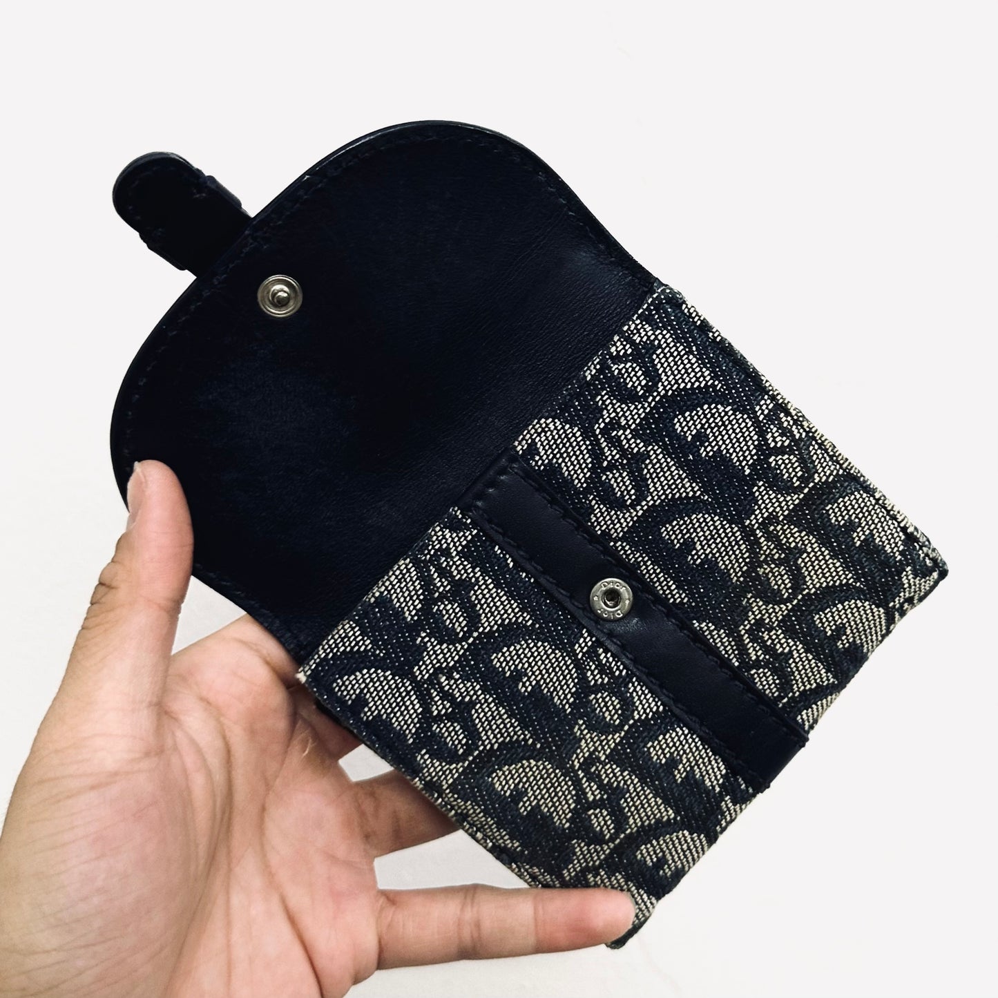 Christian Dior CD Navy Blue Oblique Monogram Logo / Leather Flap Compact Bifold Wallet