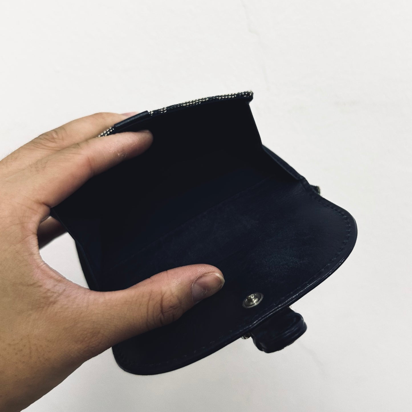 Christian Dior CD Navy Blue Oblique Monogram Logo / Leather Flap Compact Bifold Wallet
