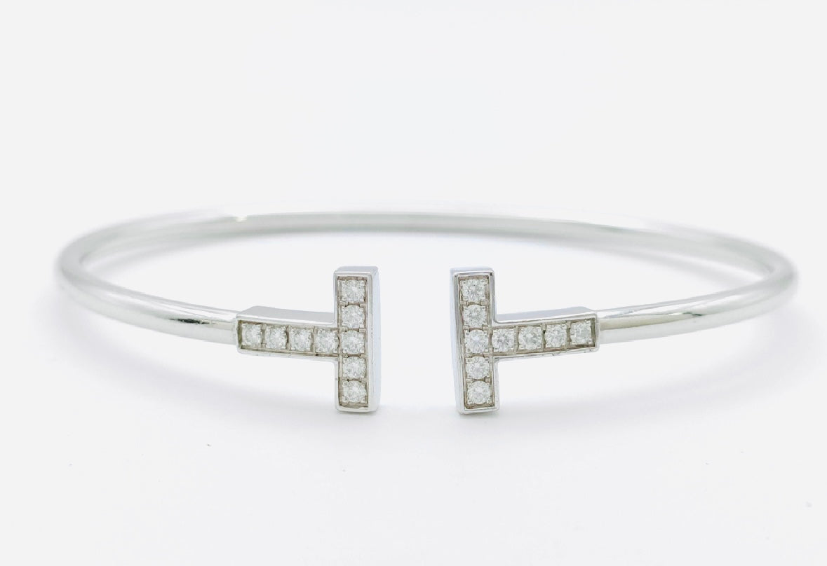 Tiffany & Co T&C T Wire Au750 18K White Gold With Diamonds Bracelet Bangle