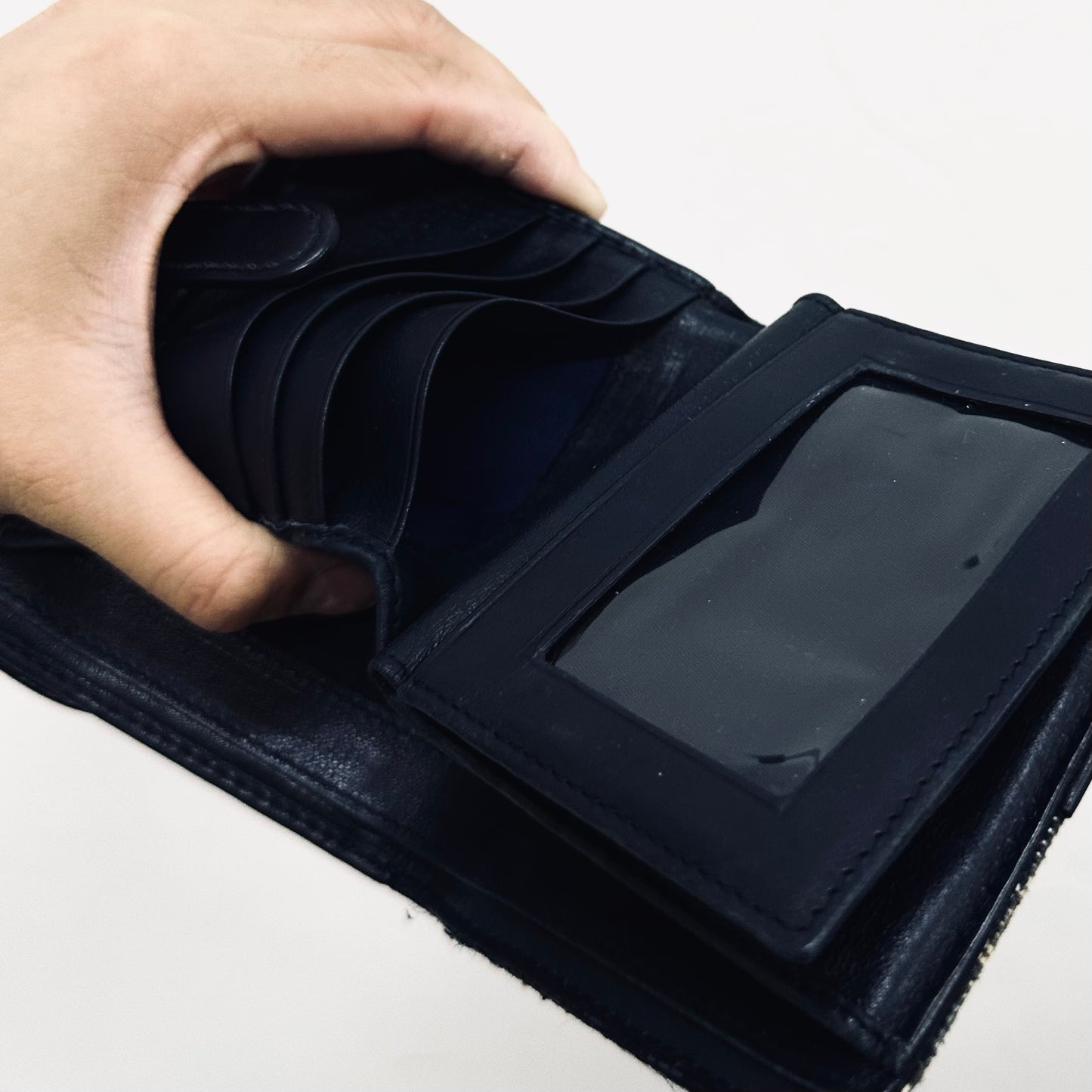 Christian Dior CD Navy Blue Oblique Monogram Logo / Leather Flap Compact Bifold Wallet