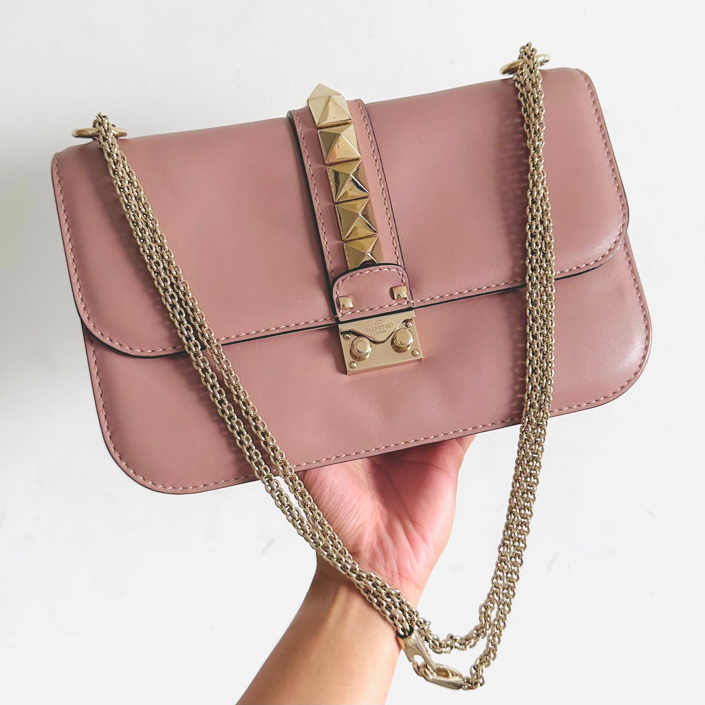 Valentino Rockstud Glam Lock Mauve Blush Pink GHW 2-Way Medium Flap Shoulder Sling Smooth Leather Bag