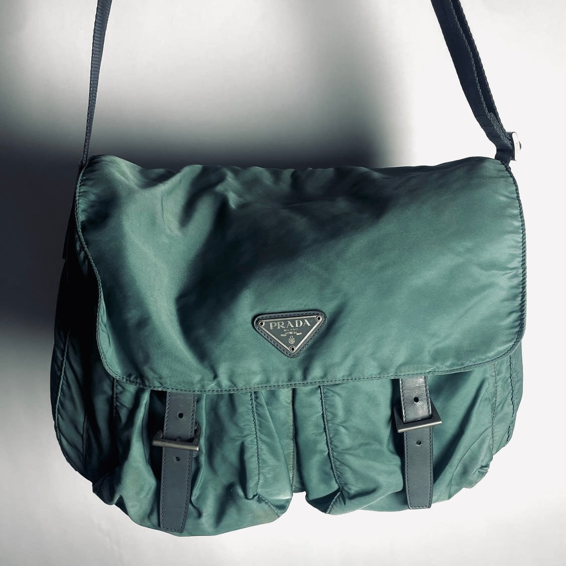 Prada Teal Green Tessuto Classic Monogram Logo Nylon & Leather Flap Shoulder Sling Bag