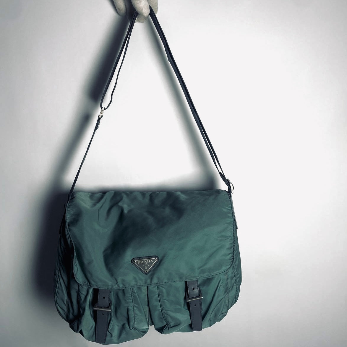 Prada Teal Green Tessuto Classic Monogram Logo Nylon & Leather Flap Shoulder Sling Bag
