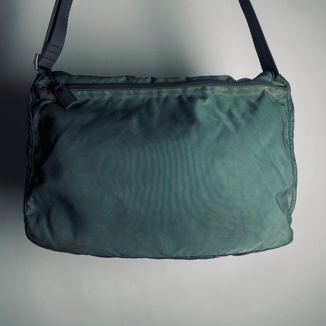 Prada Teal Green Tessuto Classic Monogram Logo Nylon & Leather Flap Shoulder Sling Bag