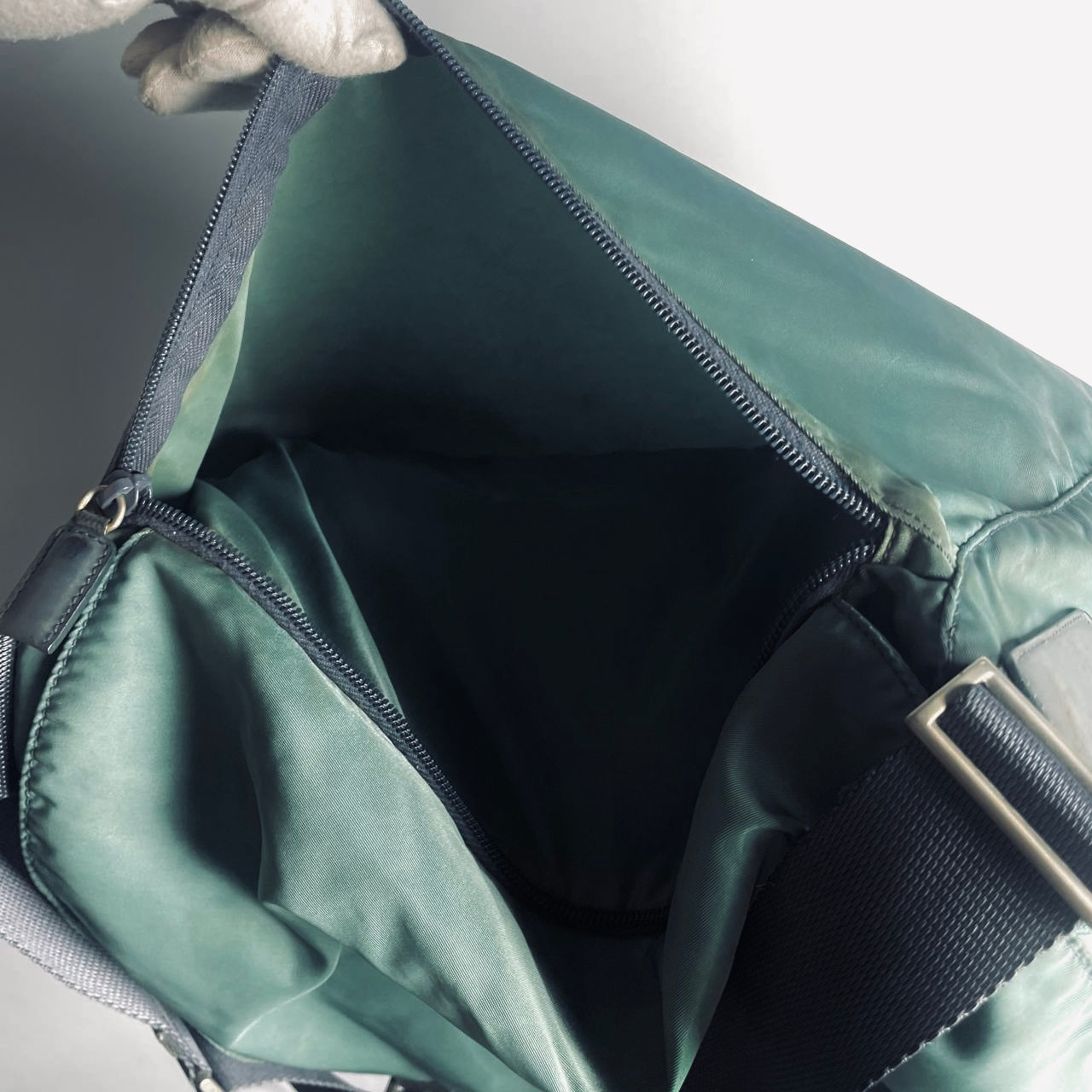 Prada Teal Green Tessuto Classic Monogram Logo Nylon & Leather Flap Shoulder Sling Bag