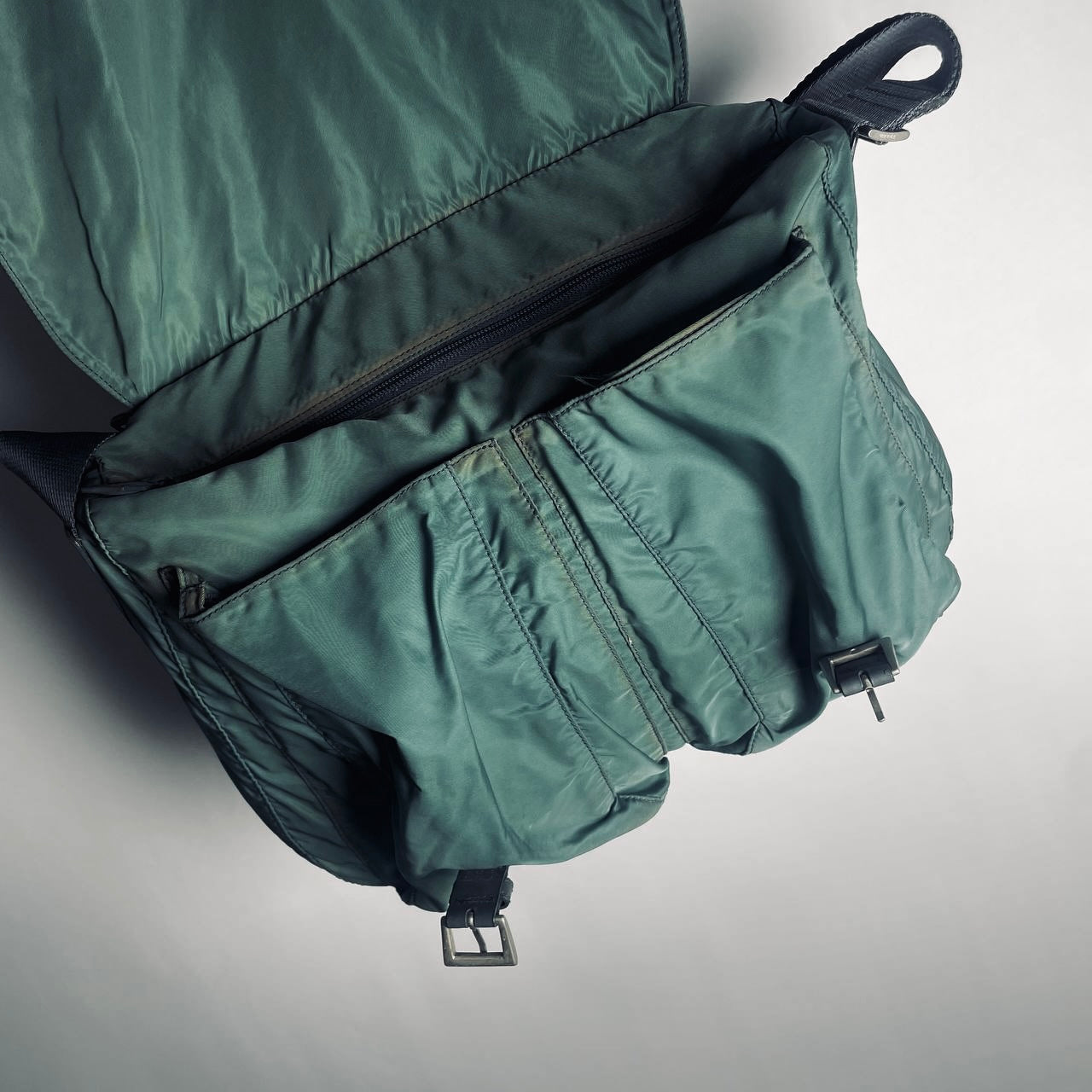 Prada Teal Green Tessuto Classic Monogram Logo Nylon & Leather Flap Shoulder Sling Bag